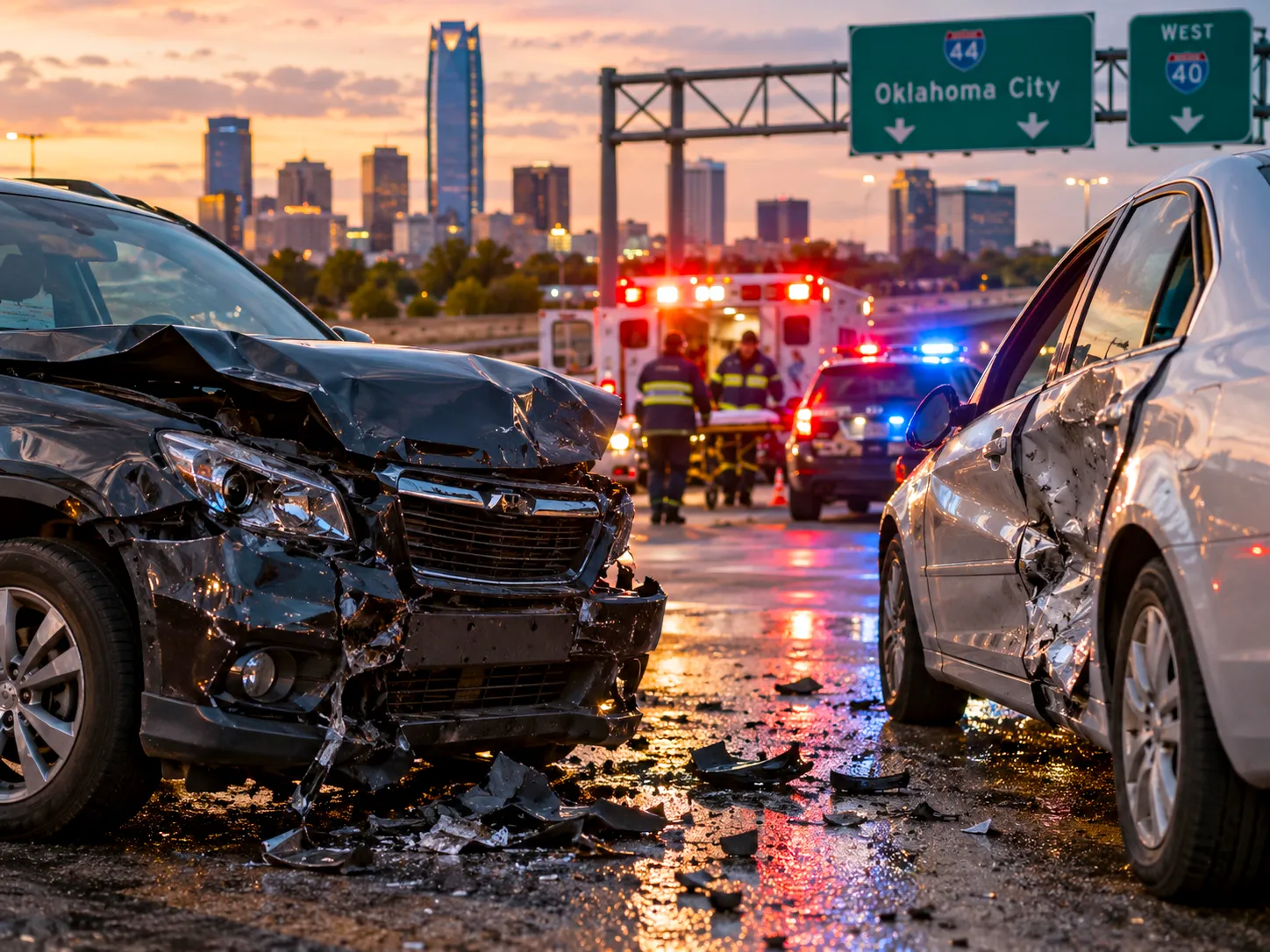 Illustrative Oklahoma City car accident scene with damaged vehicles and emergency responders