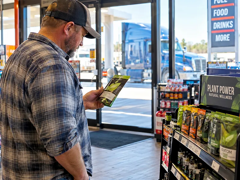 Kratom and herbal products displayed for sale at a convenience store or Oklahoma travel center