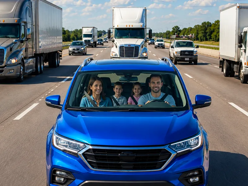 Oklahoma family car sharing the highway with semi-trucks delivery vehicles and commercial traffic